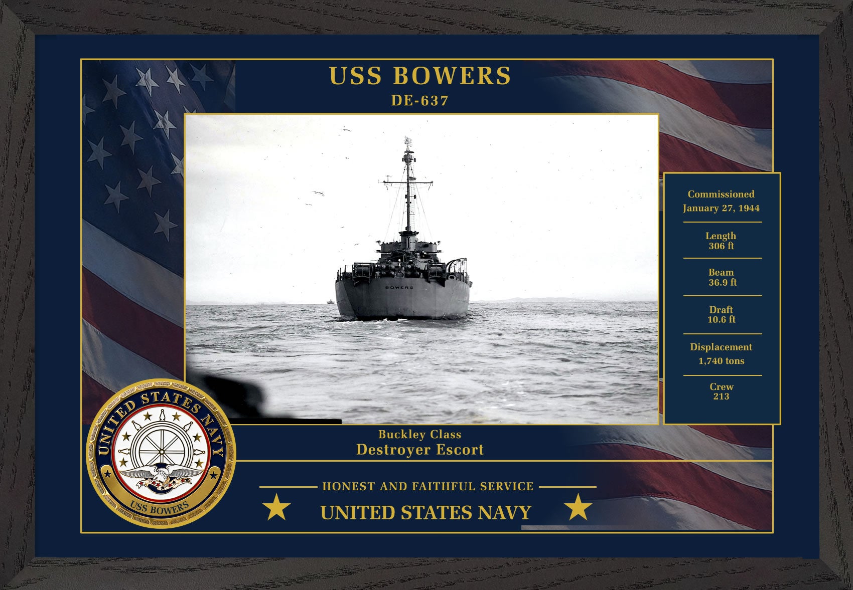 USS Bowers DE-637 Framed Patriotic Photo