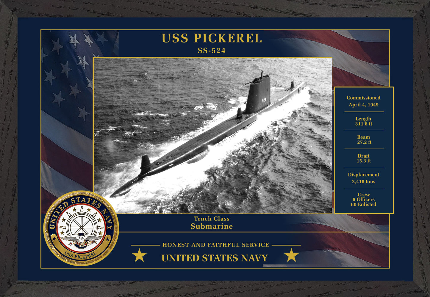 USS Pickerel SS-524 Framed Patriotic Photo
