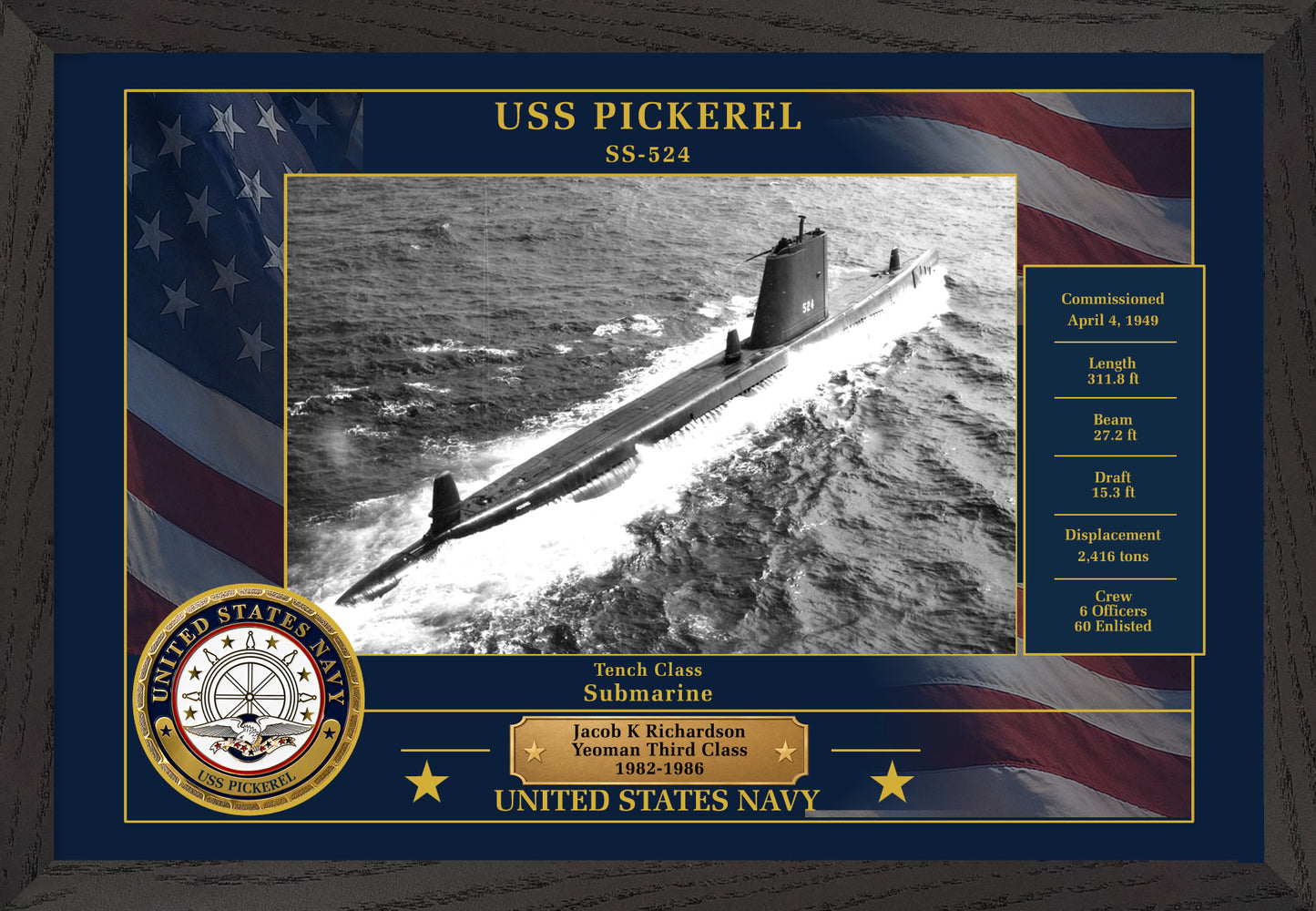 USS Pickerel SS-524 Framed Patriotic Photo