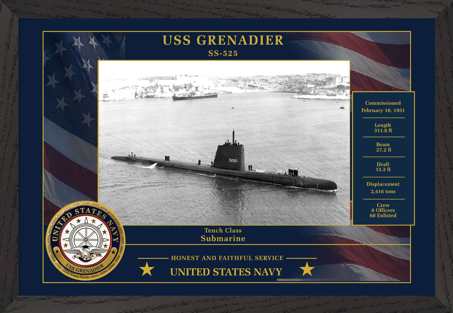 USS Grenadier SS-525 Framed Patriotic Photo