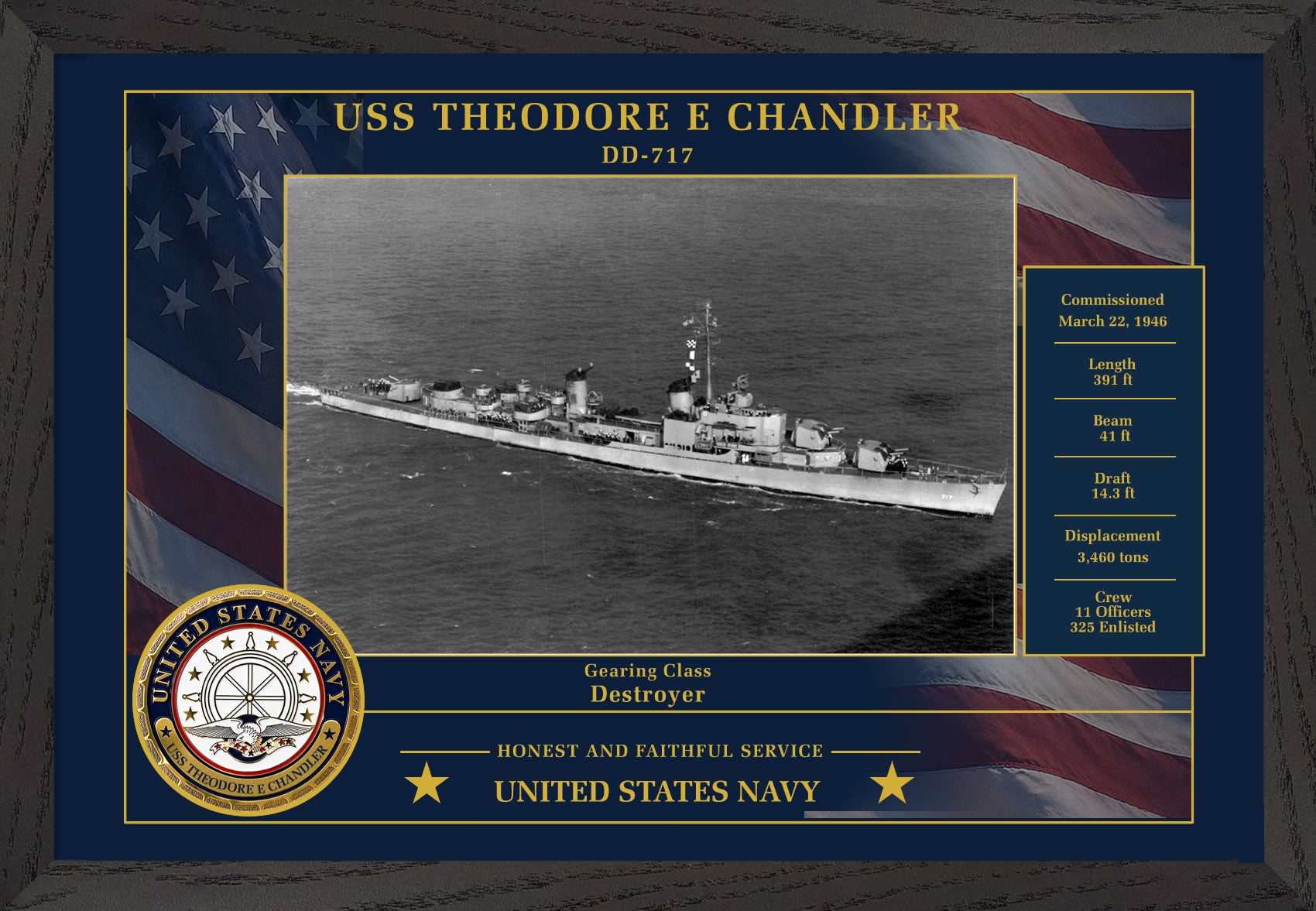 USS Theodore E Chandler DD-717 Framed Patriotic Photo