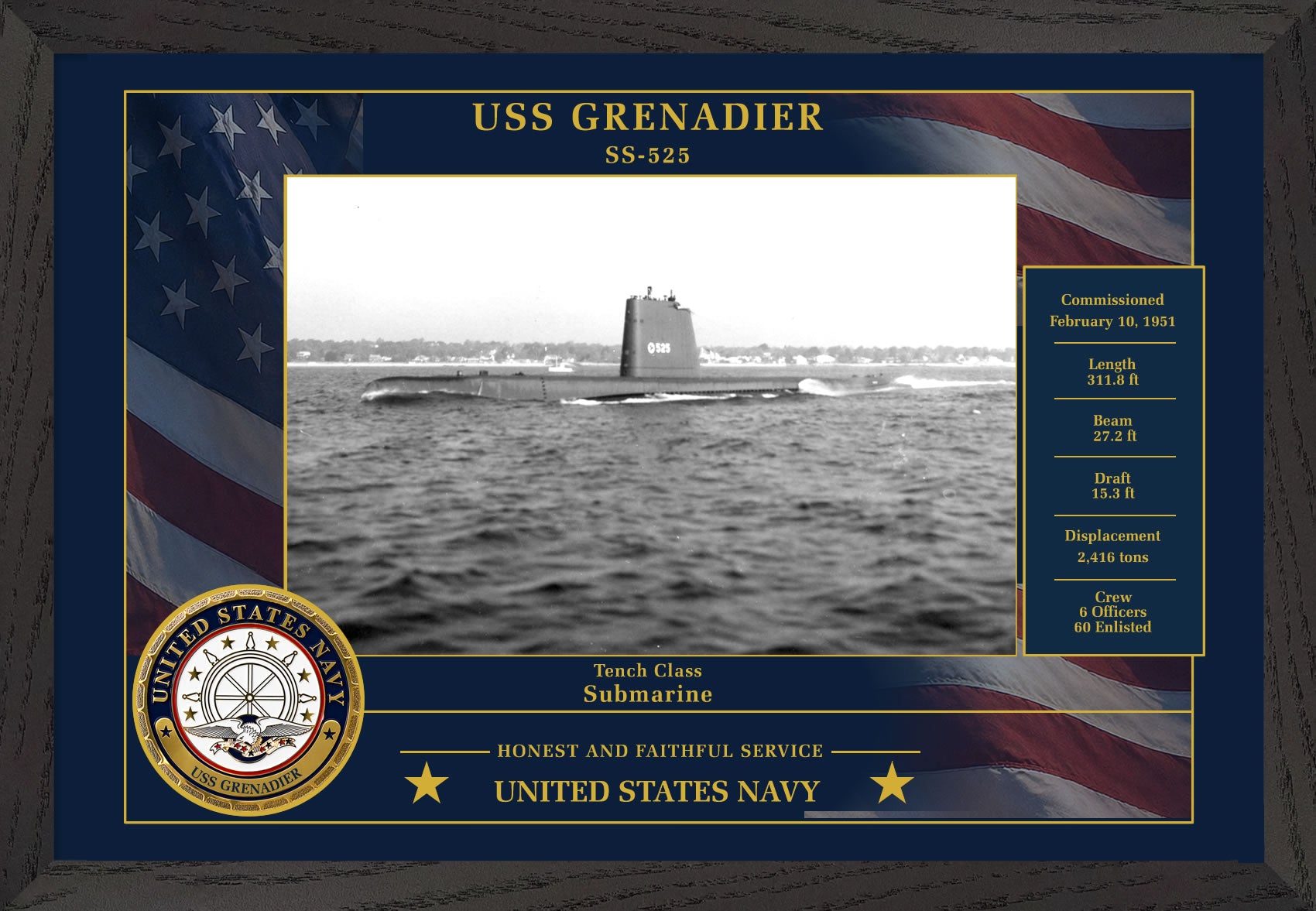 USS Grenadier SS-525 Framed Patriotic Photo