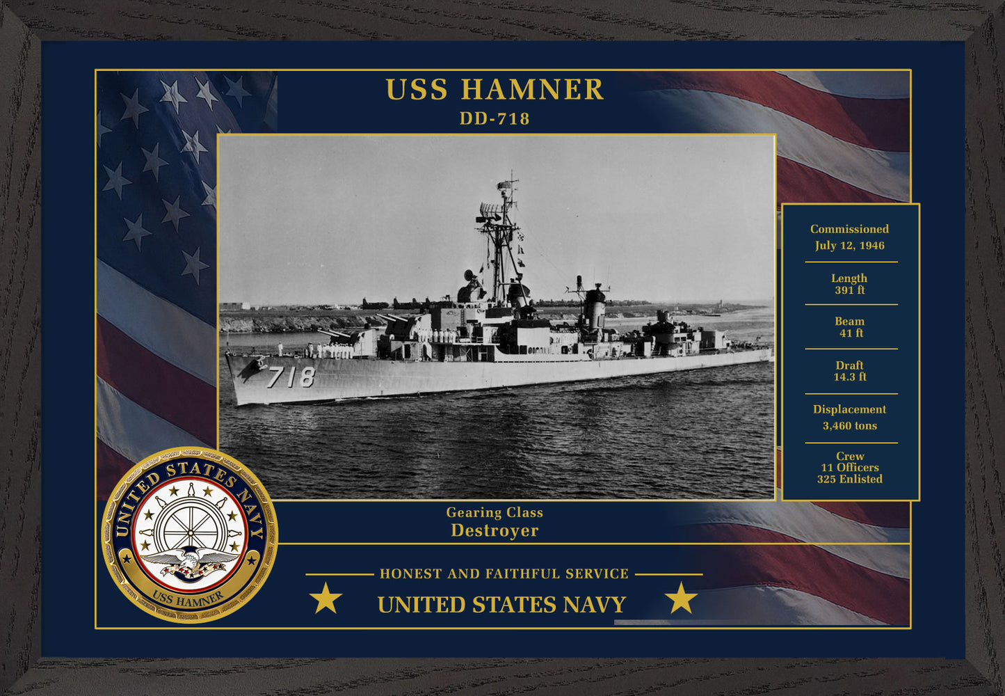 USS Hamner DD-718 Framed Patriotic Photo