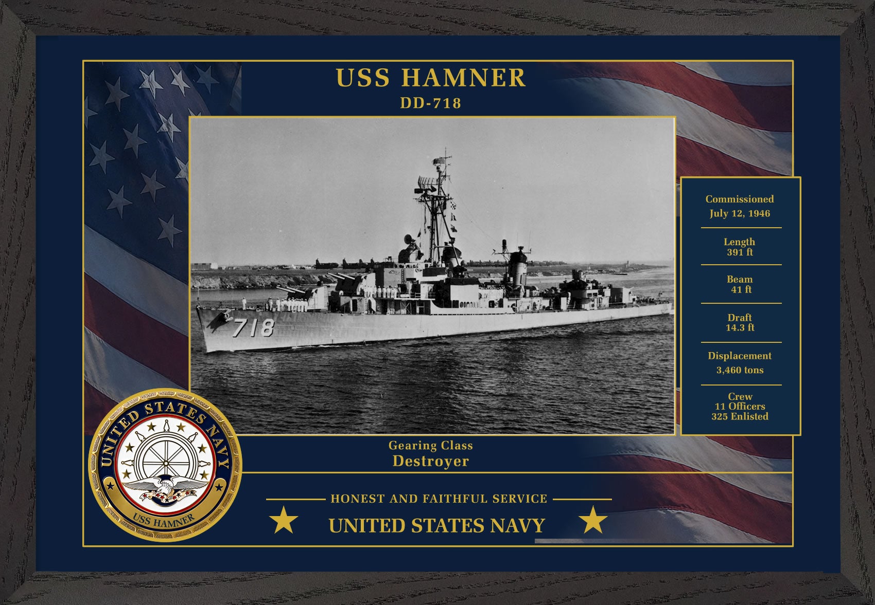 USS Hamner DD-718 Framed Patriotic Photo