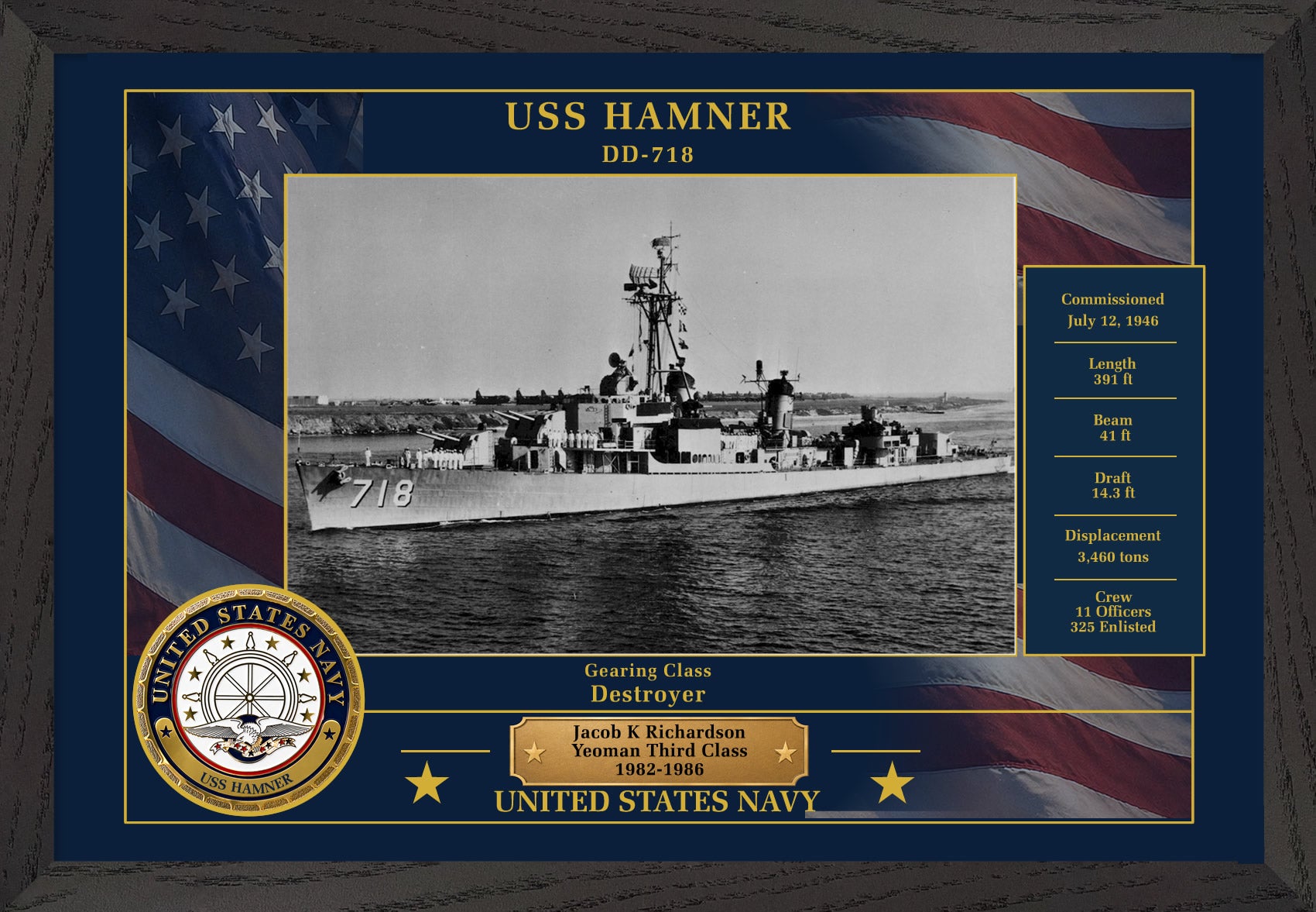USS Hamner DD-718 Framed Patriotic Photo