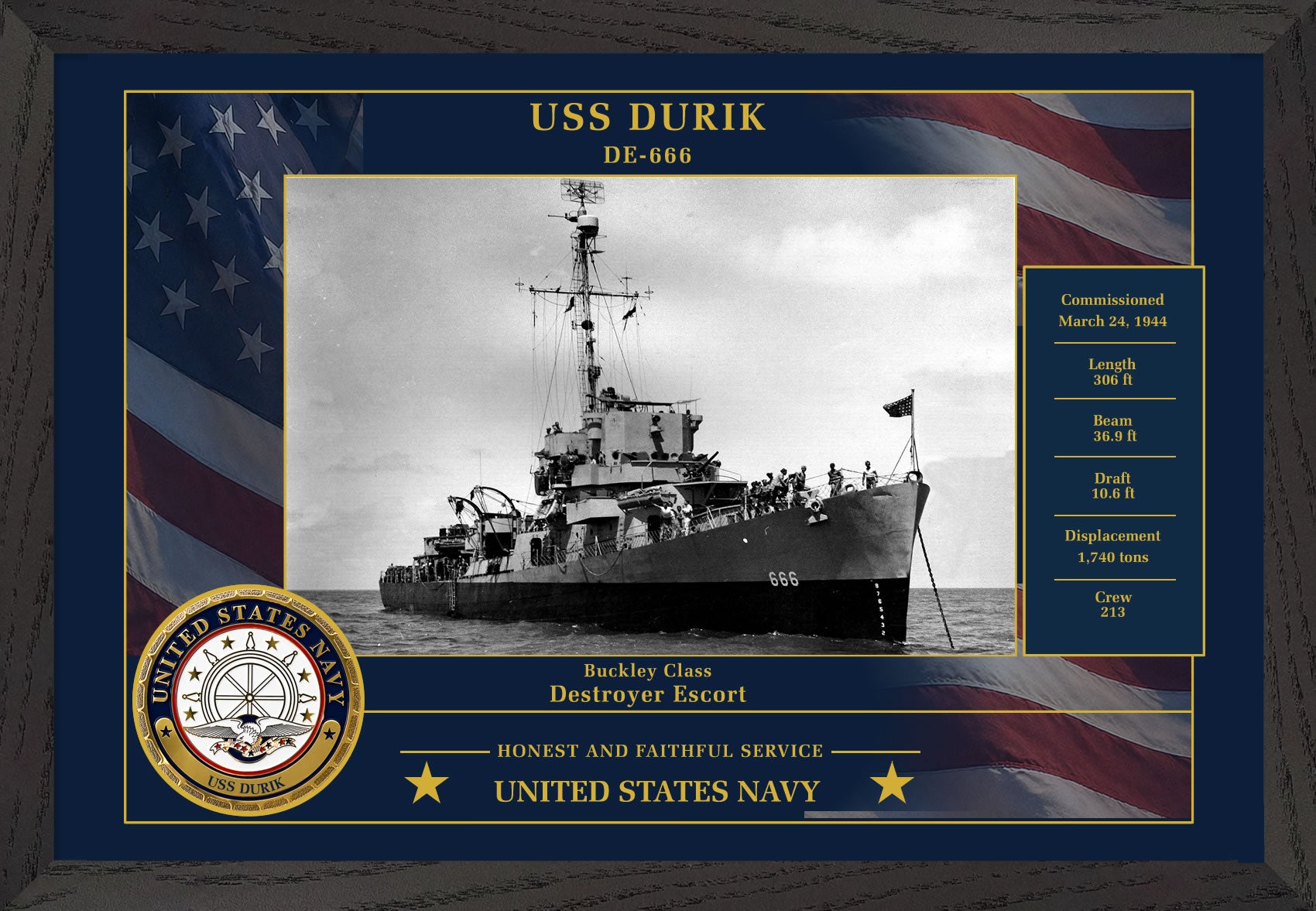 USS Durik DE-666 Framed Patriotic Photo