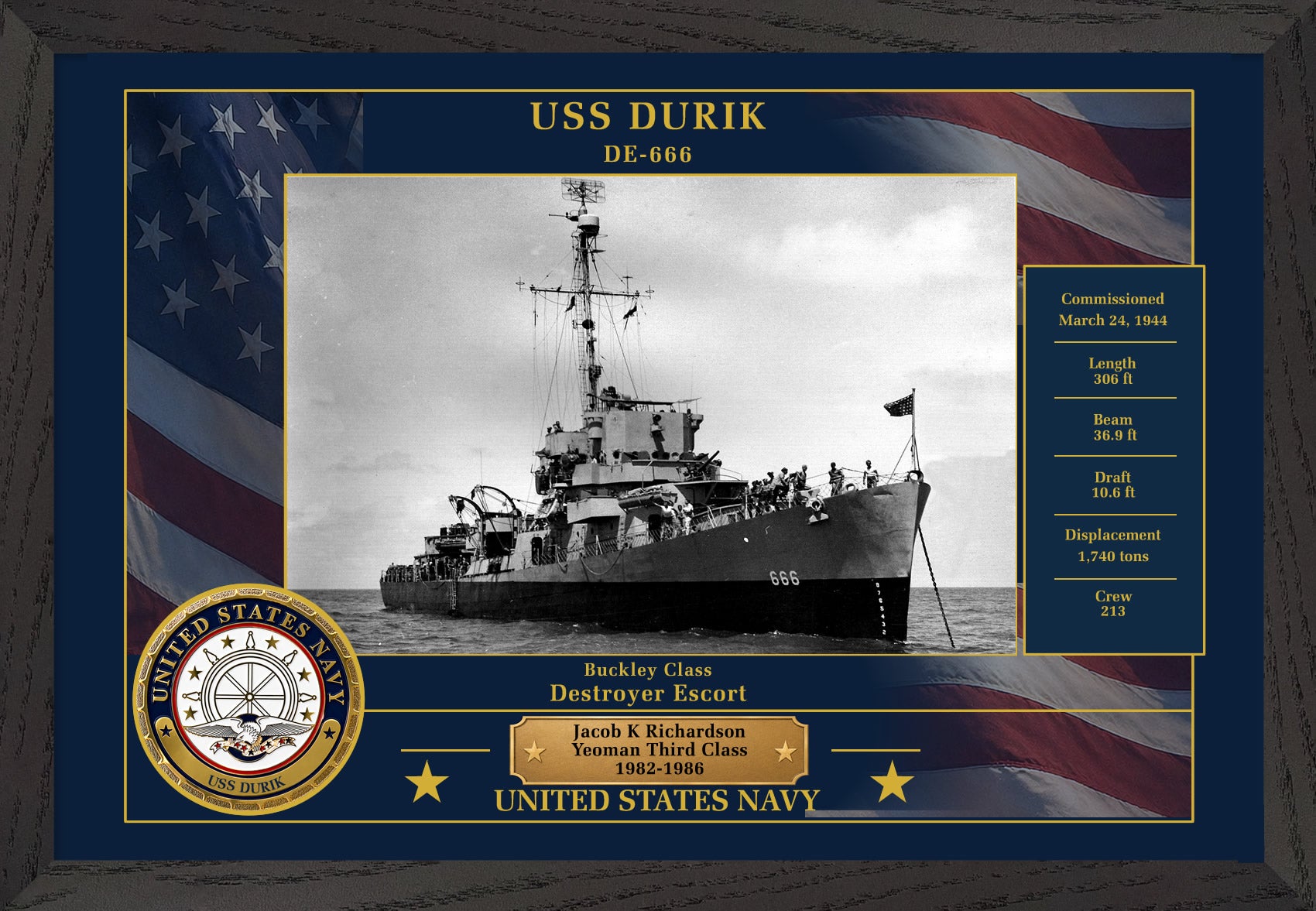USS Durik DE-666 Framed Patriotic Photo