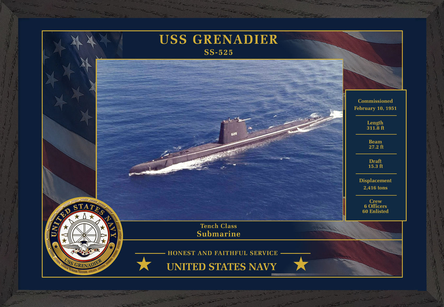 USS Grenadier SS-525 Framed Patriotic Photo