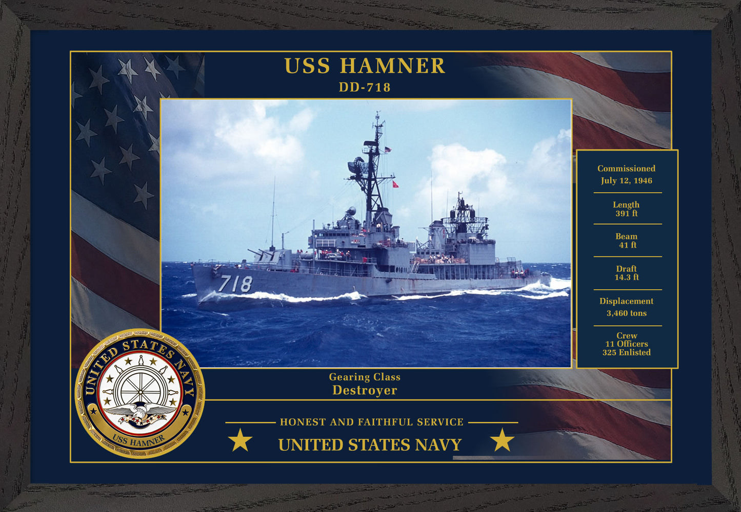 USS Hamner DD-718 Framed Patriotic Photo