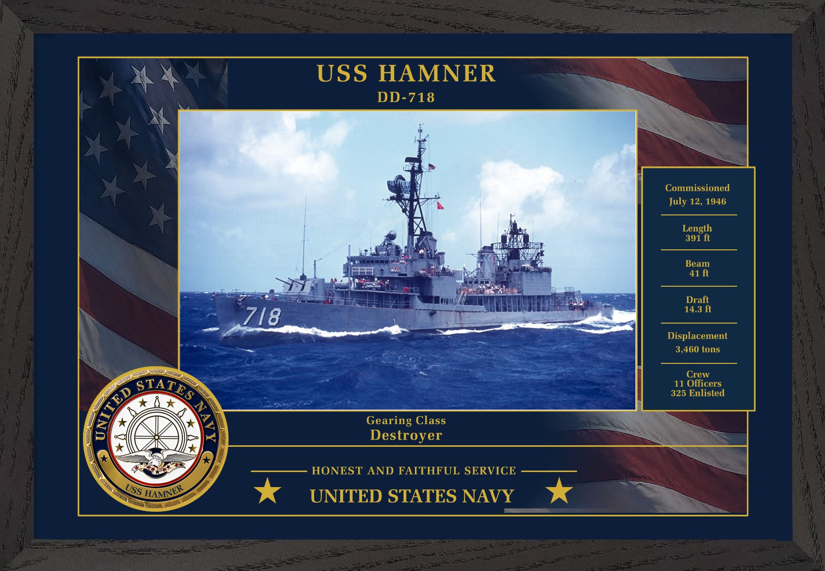USS Hamner DD-718 Framed Patriotic Photo