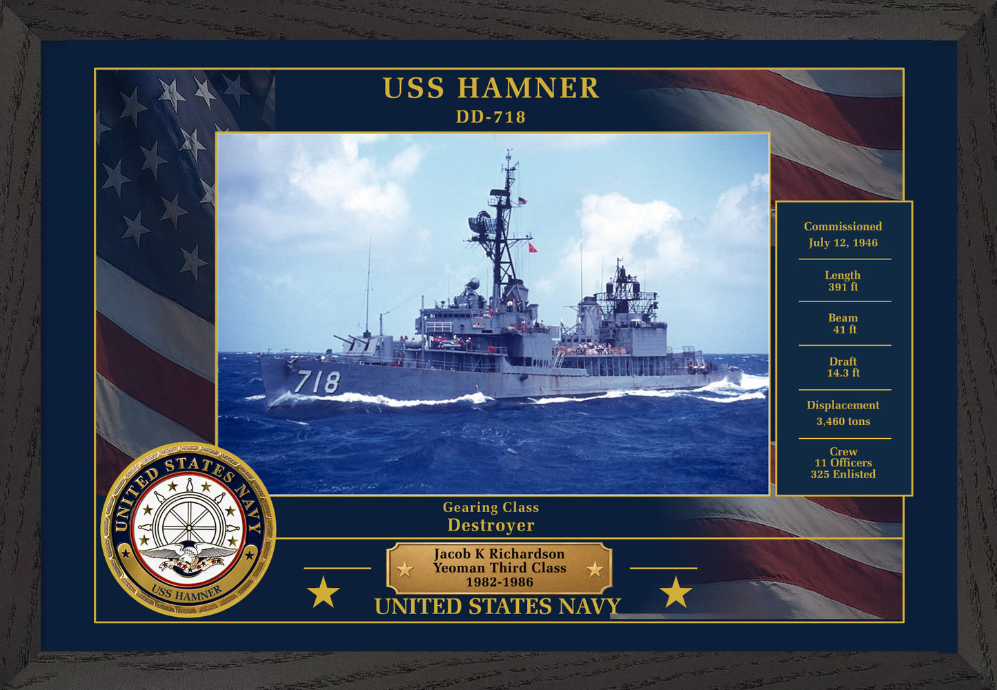 USS Hamner DD-718 Framed Patriotic Photo
