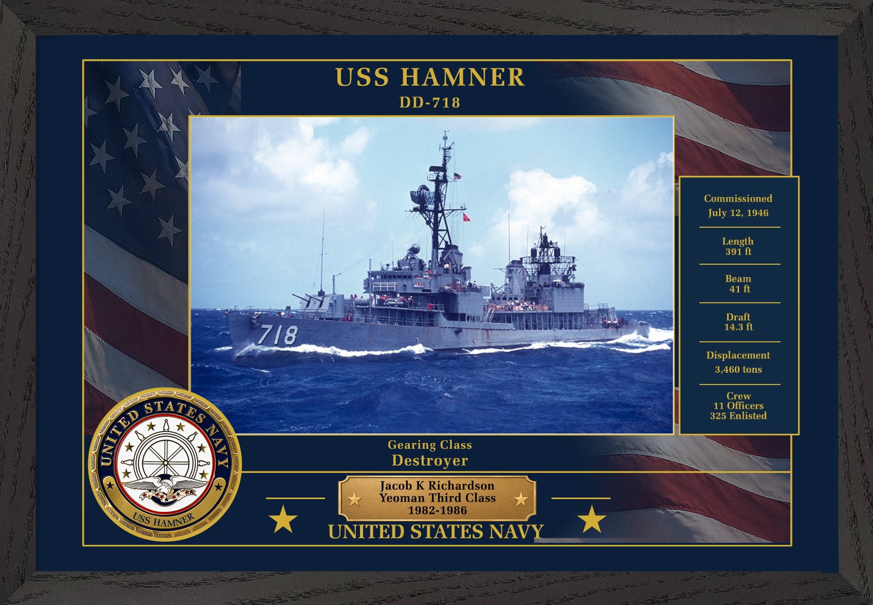 USS Hamner DD-718 Framed Patriotic Photo
