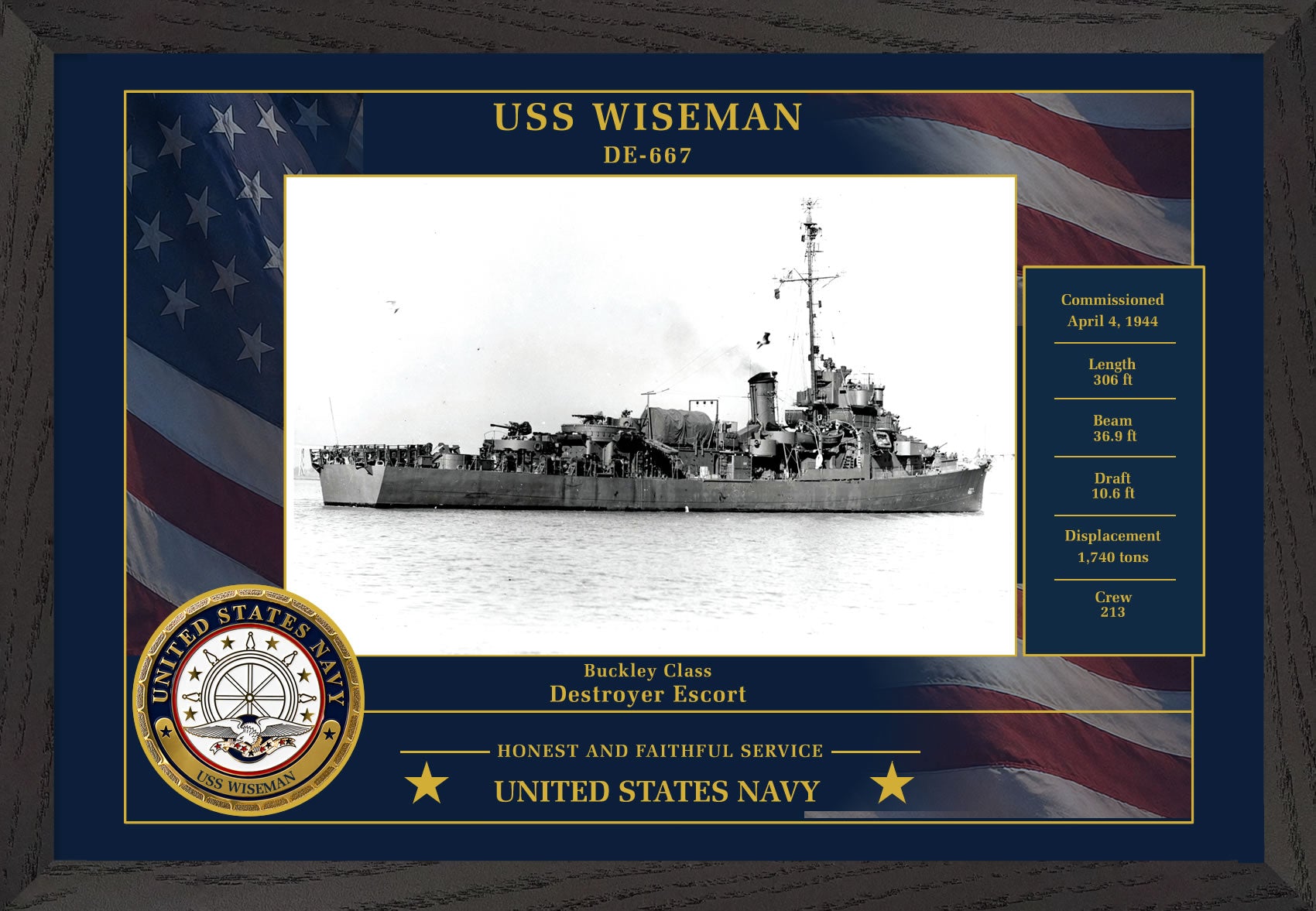 USS Wiseman DE-667 Framed Patriotic Photo