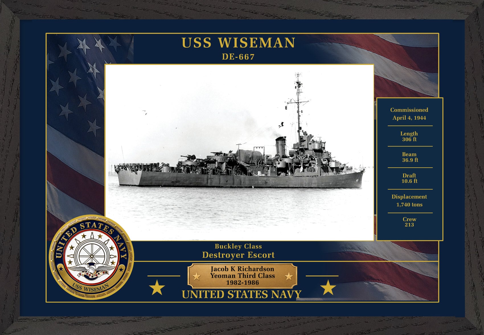 USS Wiseman DE-667 Framed Patriotic Photo