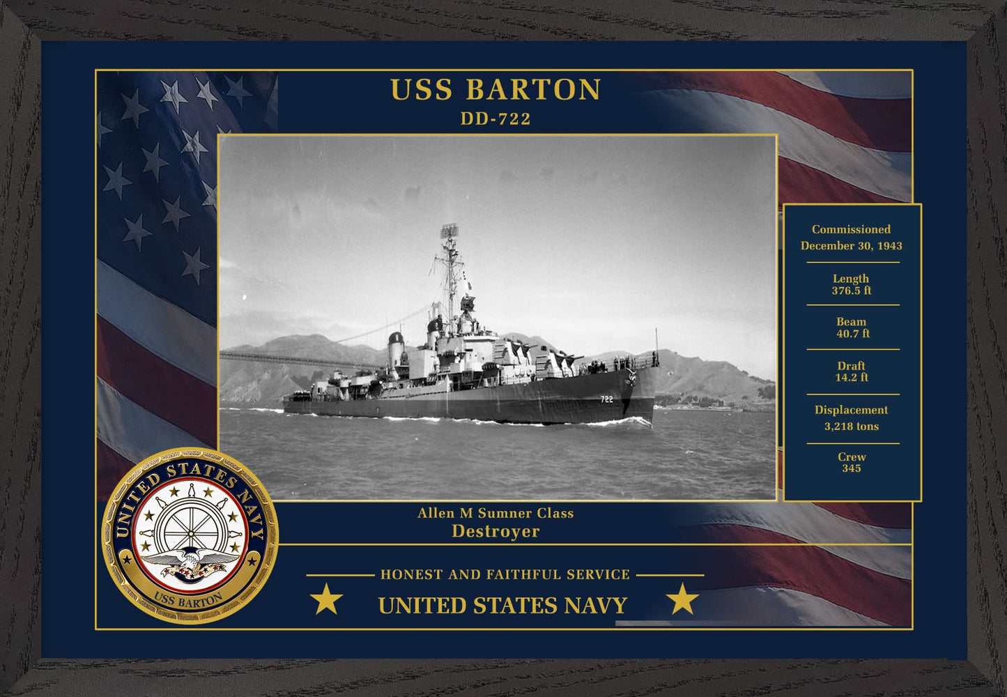 USS Barton DD-722 Framed Patriotic Photo
