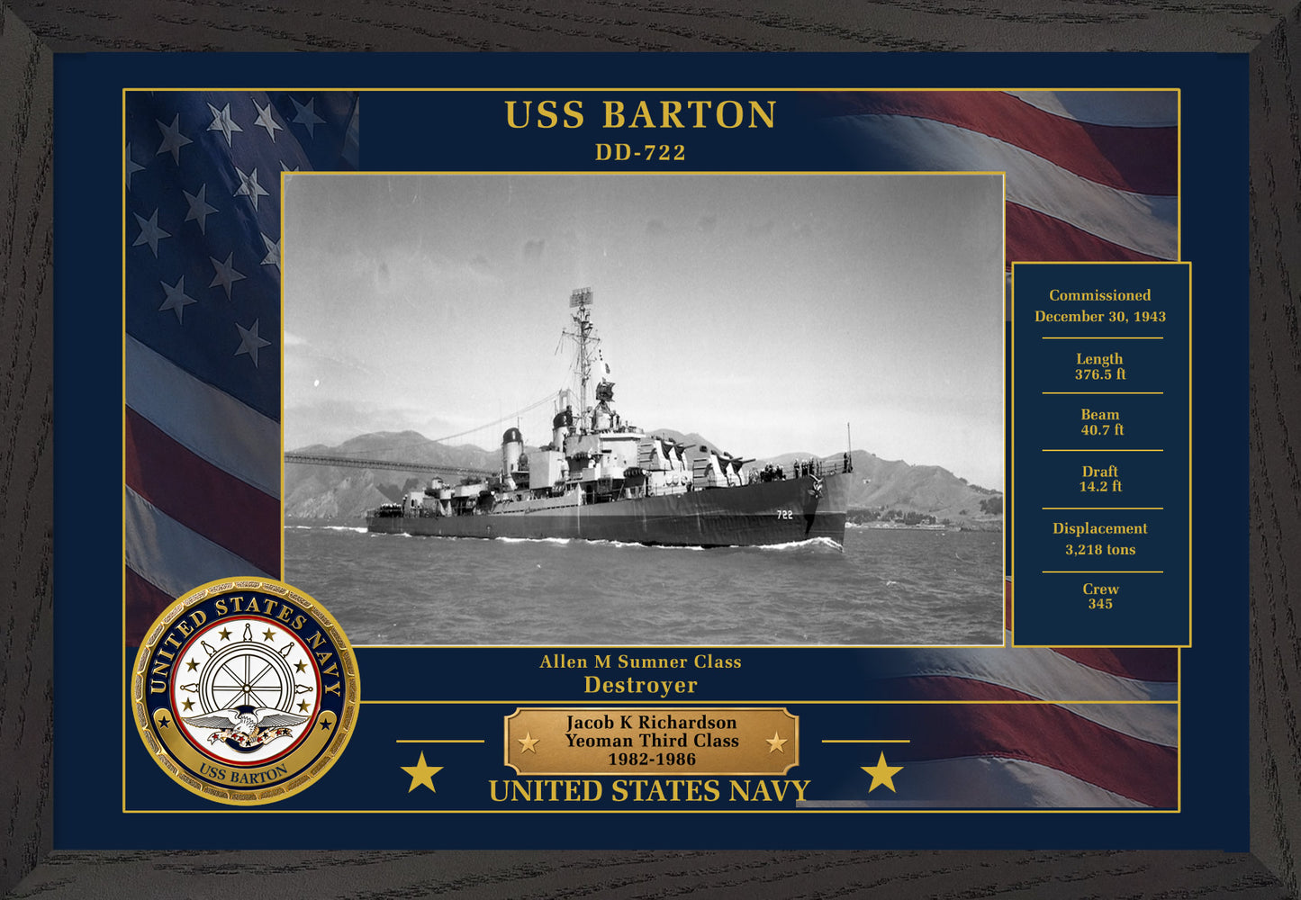 USS Barton DD-722 Framed Patriotic Photo