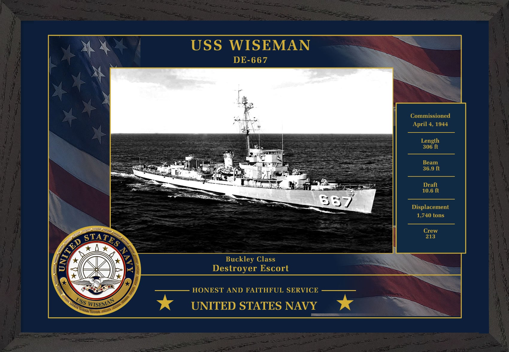USS Wiseman DE-667 Framed Patriotic Photo