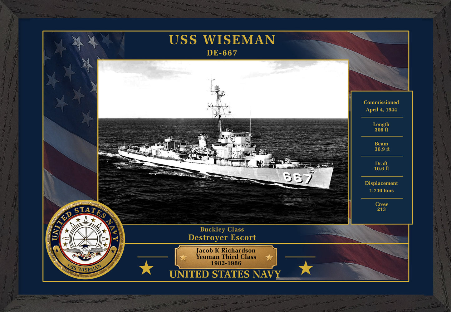 USS Wiseman DE-667 Framed Patriotic Photo