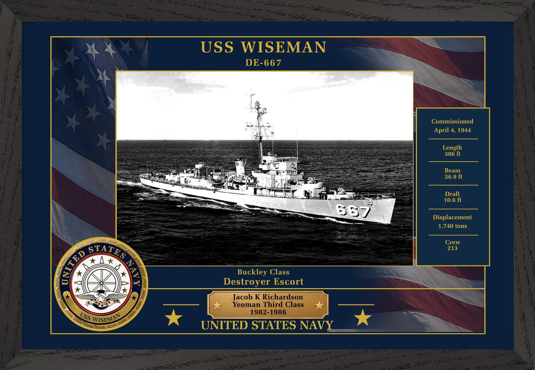 USS Wiseman DE-667 Framed Patriotic Photo