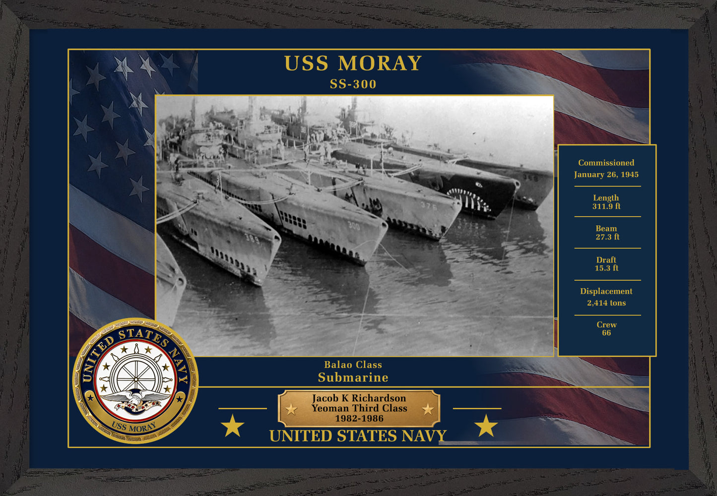 USS Moray SS-300 Framed Patriotic Photo