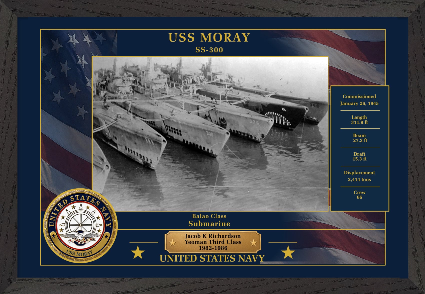 USS Moray SS-300 Framed Patriotic Photo