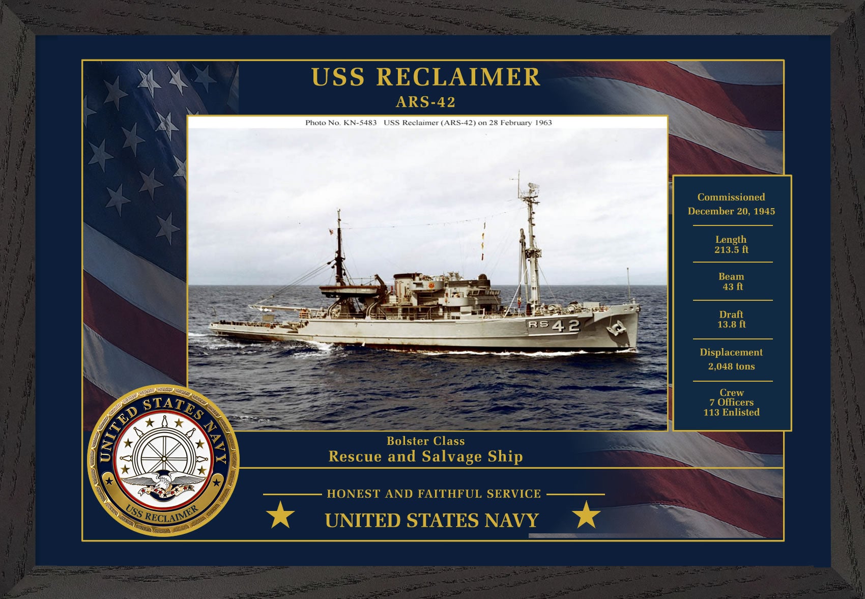 USS Reclaimer ARS-42 Framed Patriotic Photo
