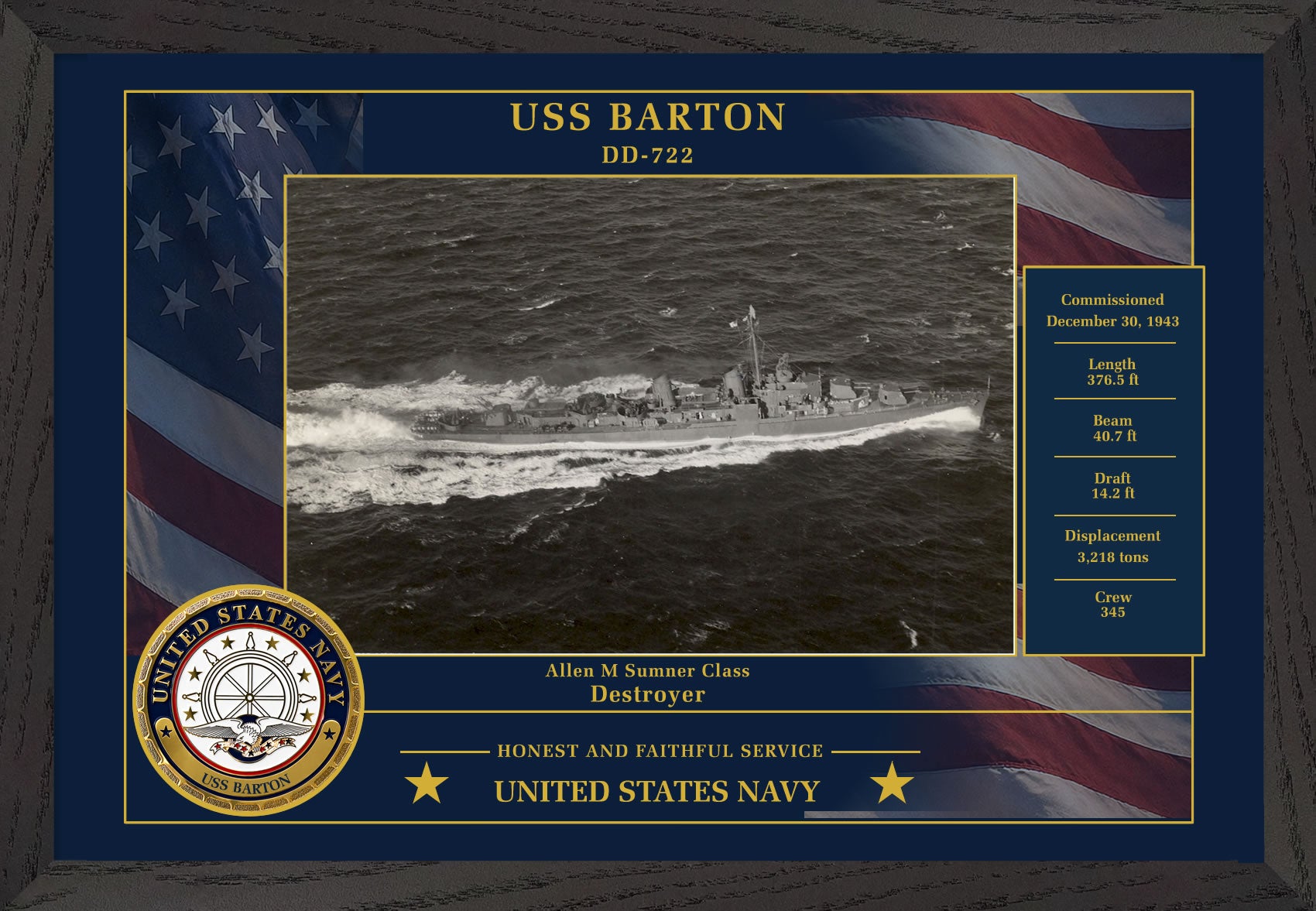 USS Barton DD-722 Framed Patriotic Photo