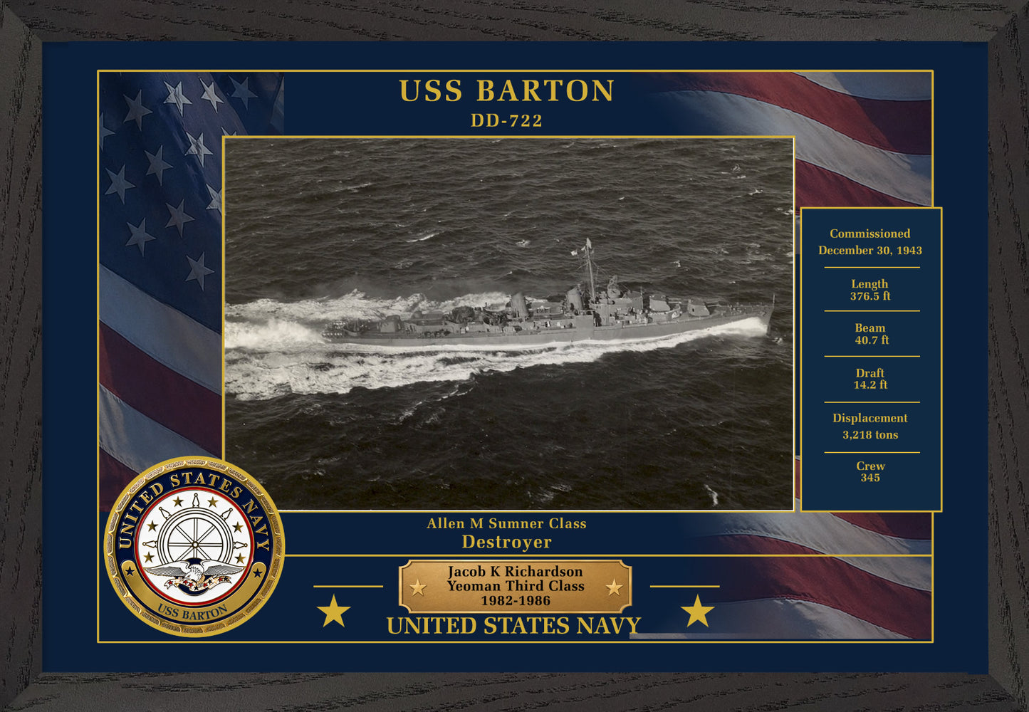 USS Barton DD-722 Framed Patriotic Photo