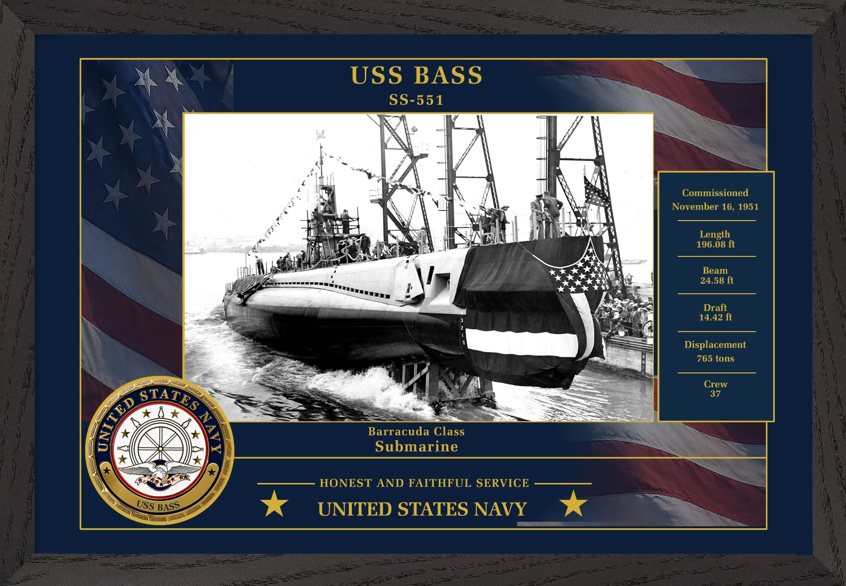 USS Bass SS-551 Framed Patriotic Photo