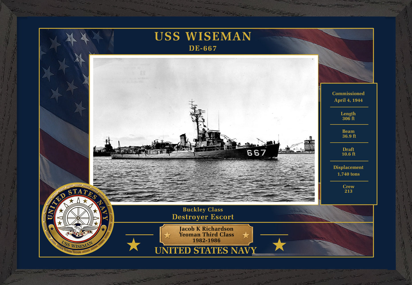 USS Wiseman DE-667 Framed Patriotic Photo