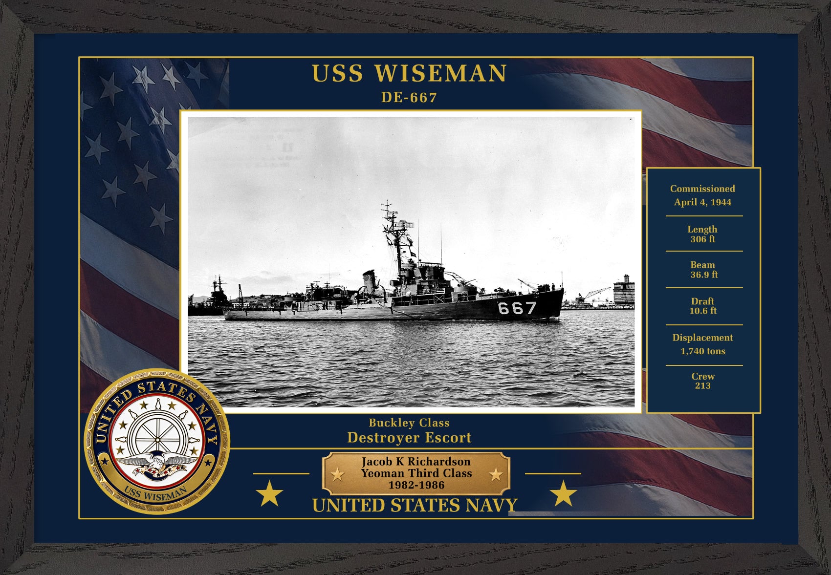 USS Wiseman DE-667 Framed Patriotic Photo