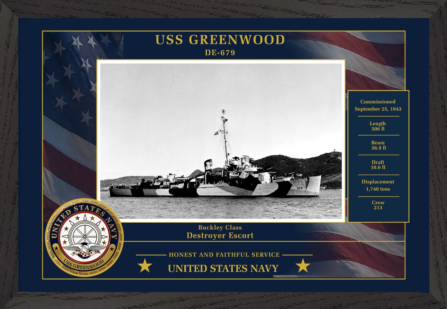 USS Greenwood DE-679 Framed Patriotic Photo