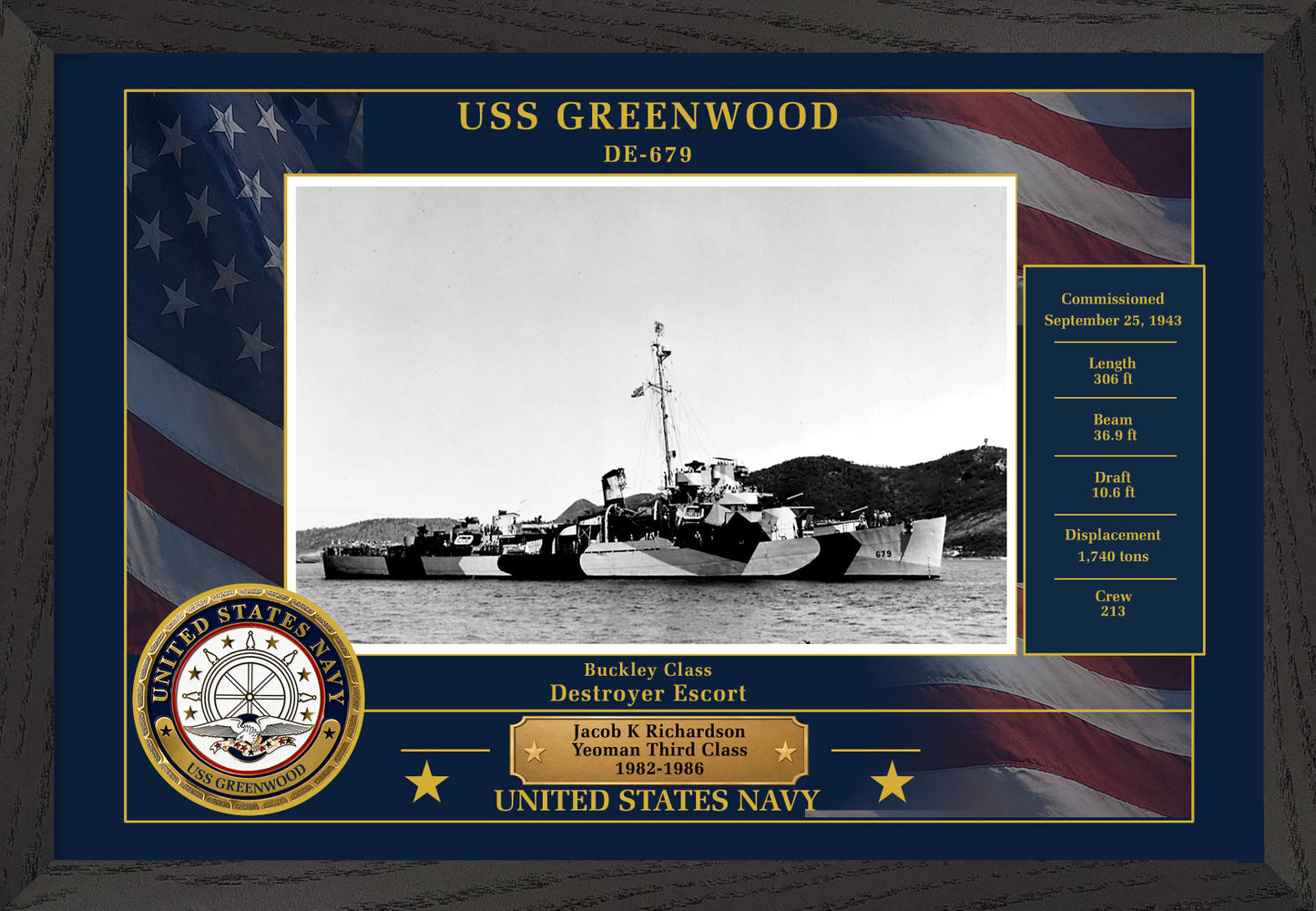 USS Greenwood DE-679 Framed Patriotic Photo