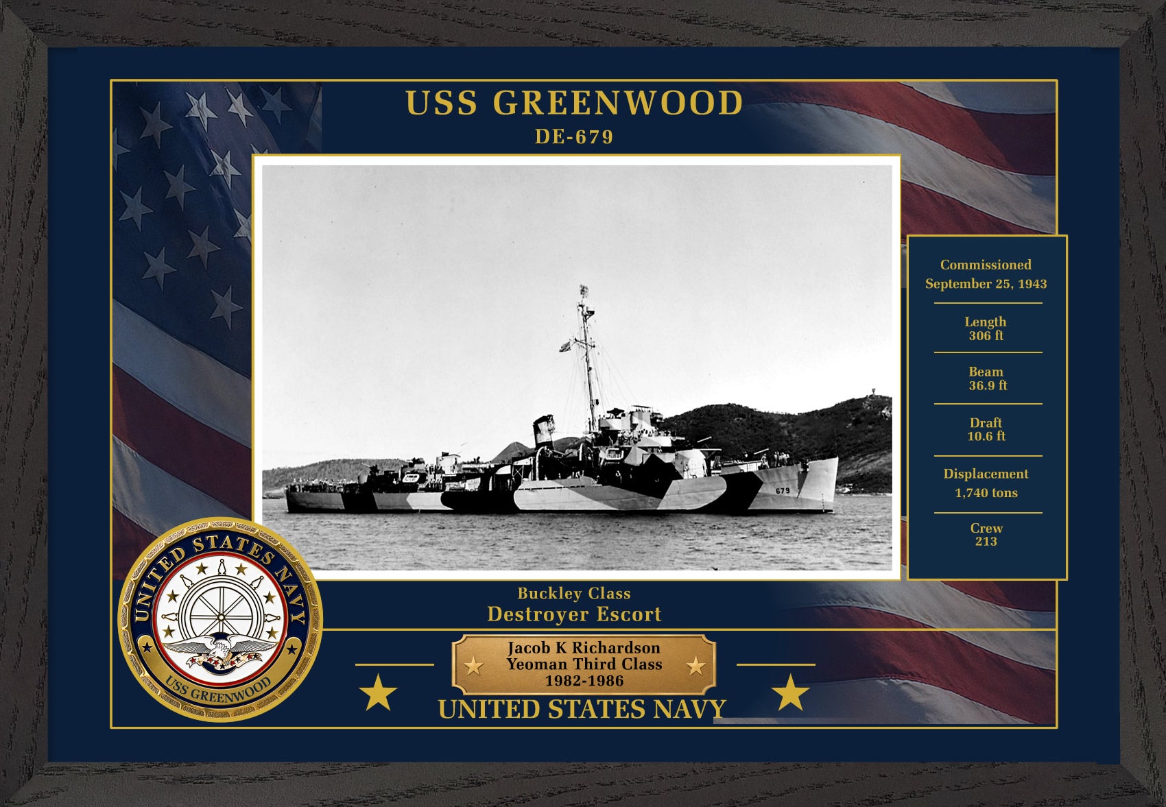 USS Greenwood DE-679 Framed Patriotic Photo