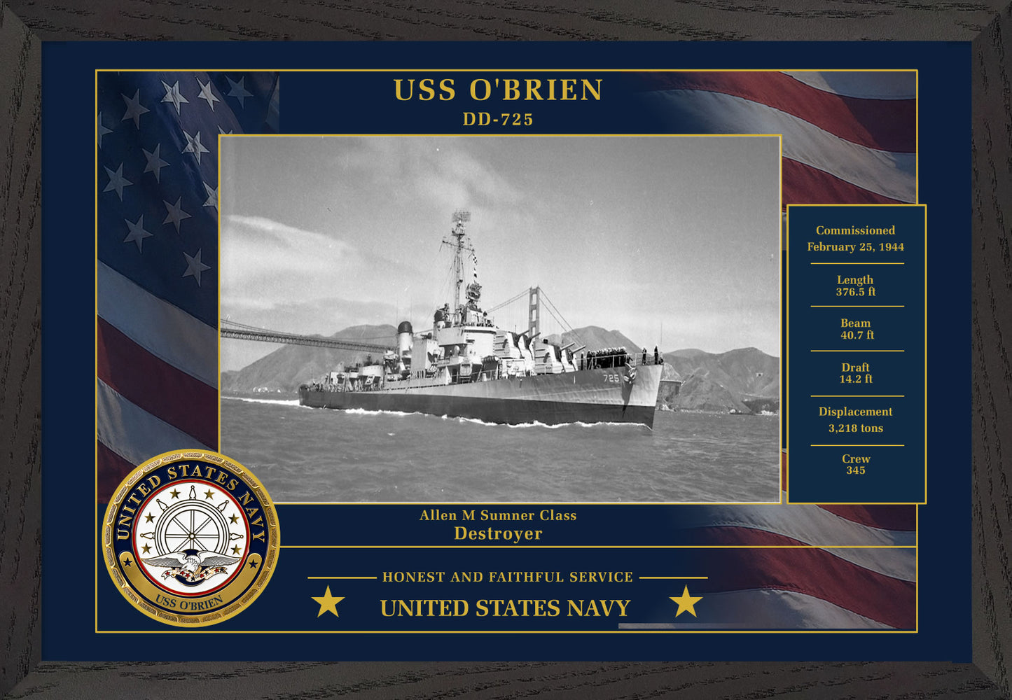 USS Obrien DD-725 Framed Patriotic Photo