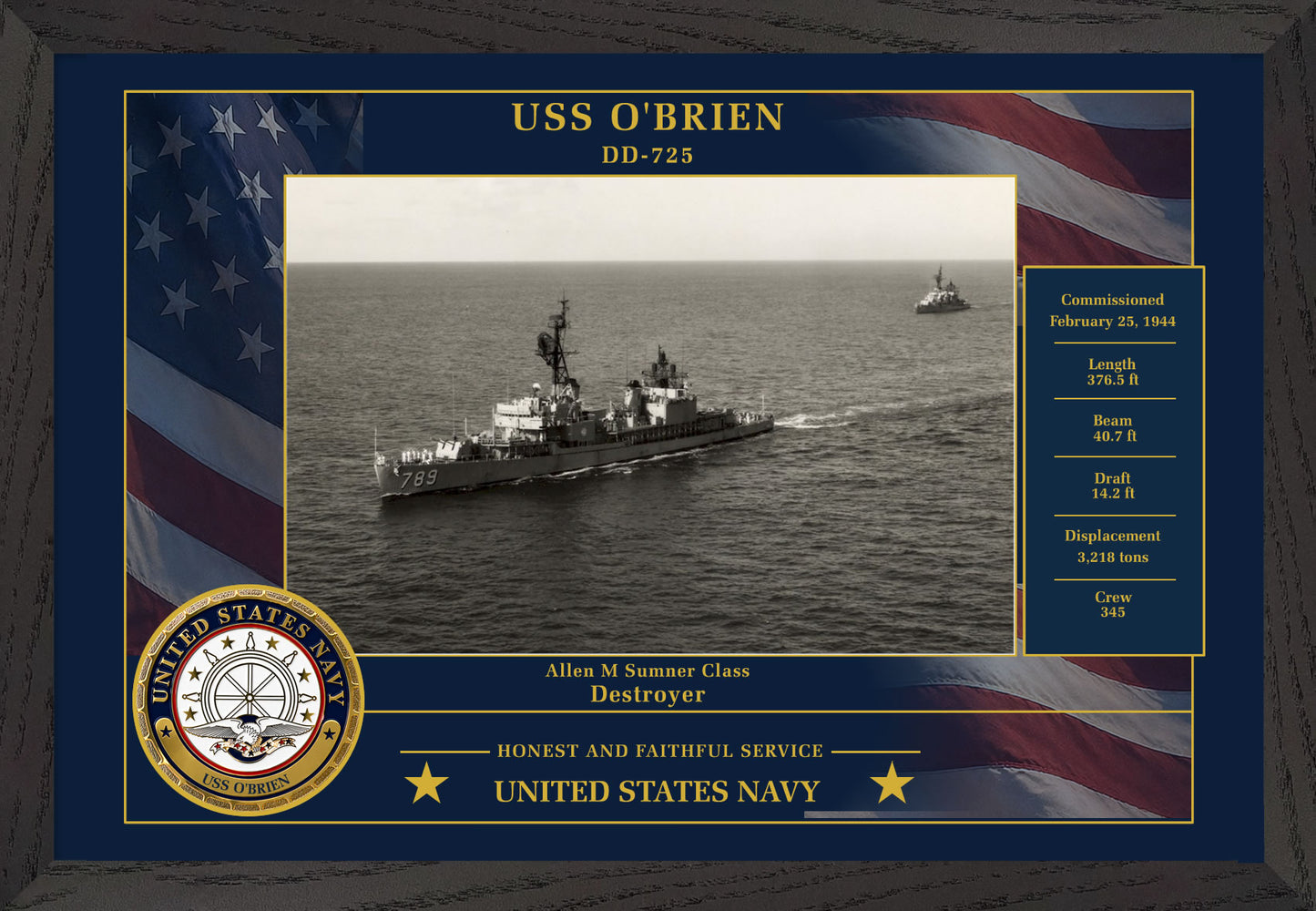 USS Obrien DD-725 Framed Patriotic Photo
