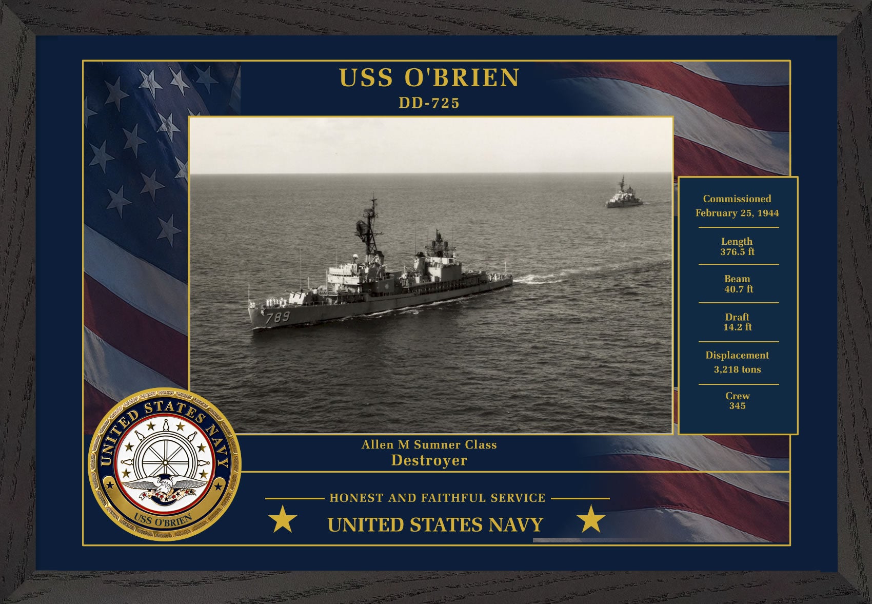 USS Obrien DD-725 Framed Patriotic Photo