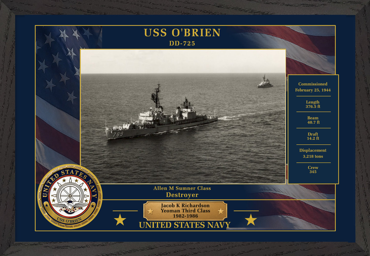 USS Obrien DD-725 Framed Patriotic Photo