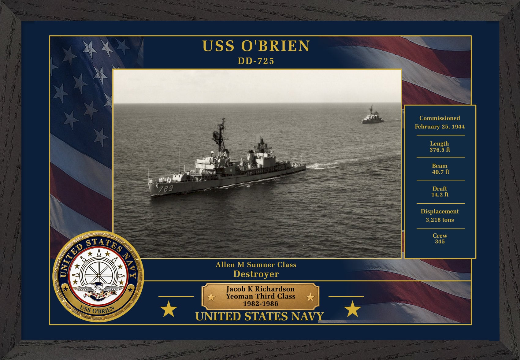 USS Obrien DD-725 Framed Patriotic Photo