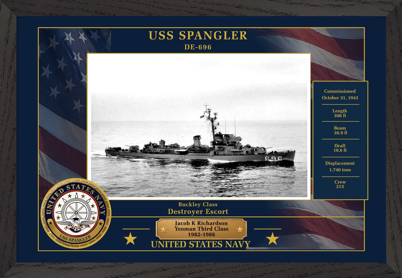 USS Spangler DE-696 Framed Patriotic Photo