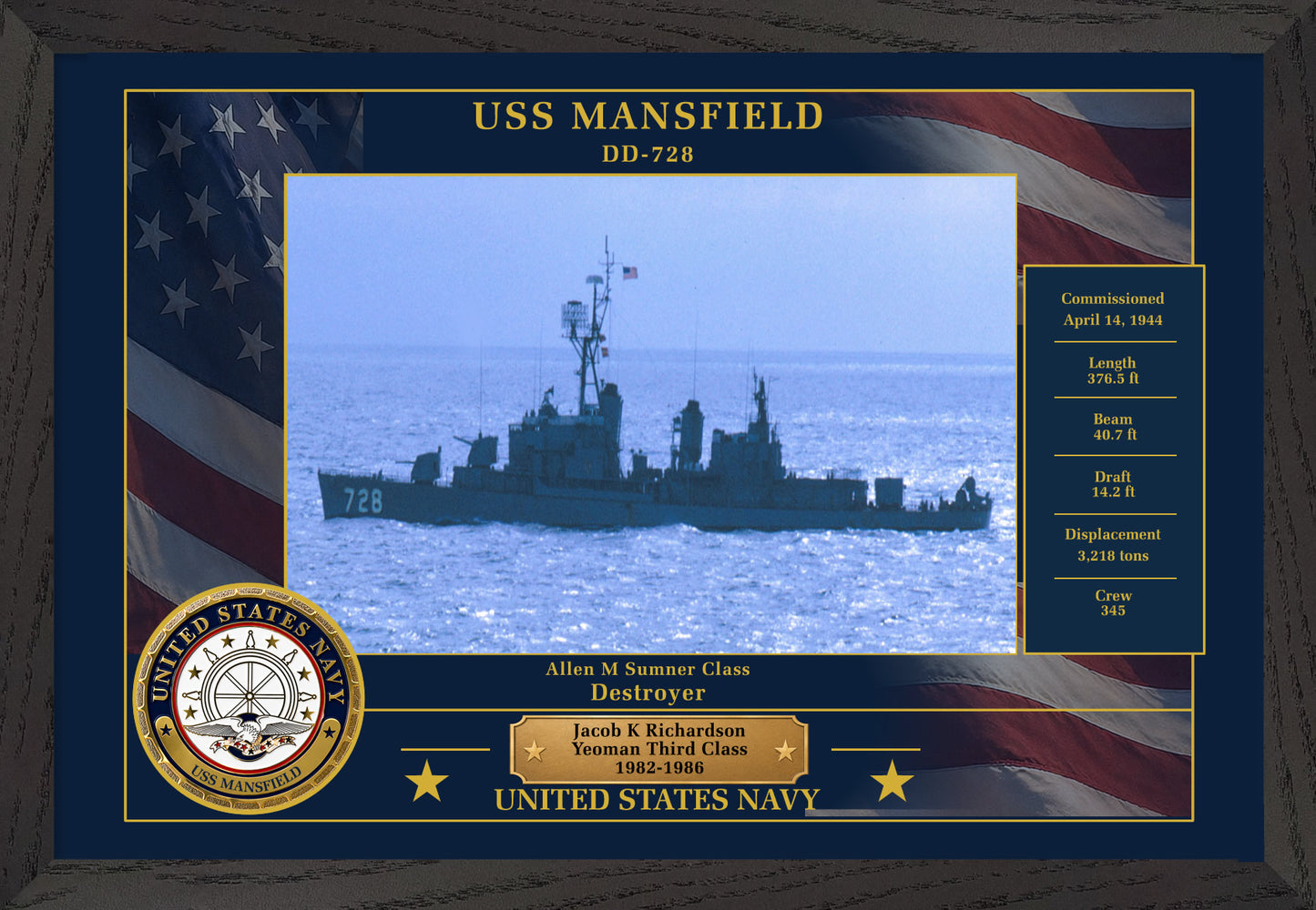 USS Mansfield DD-728 Framed Patriotic Photo