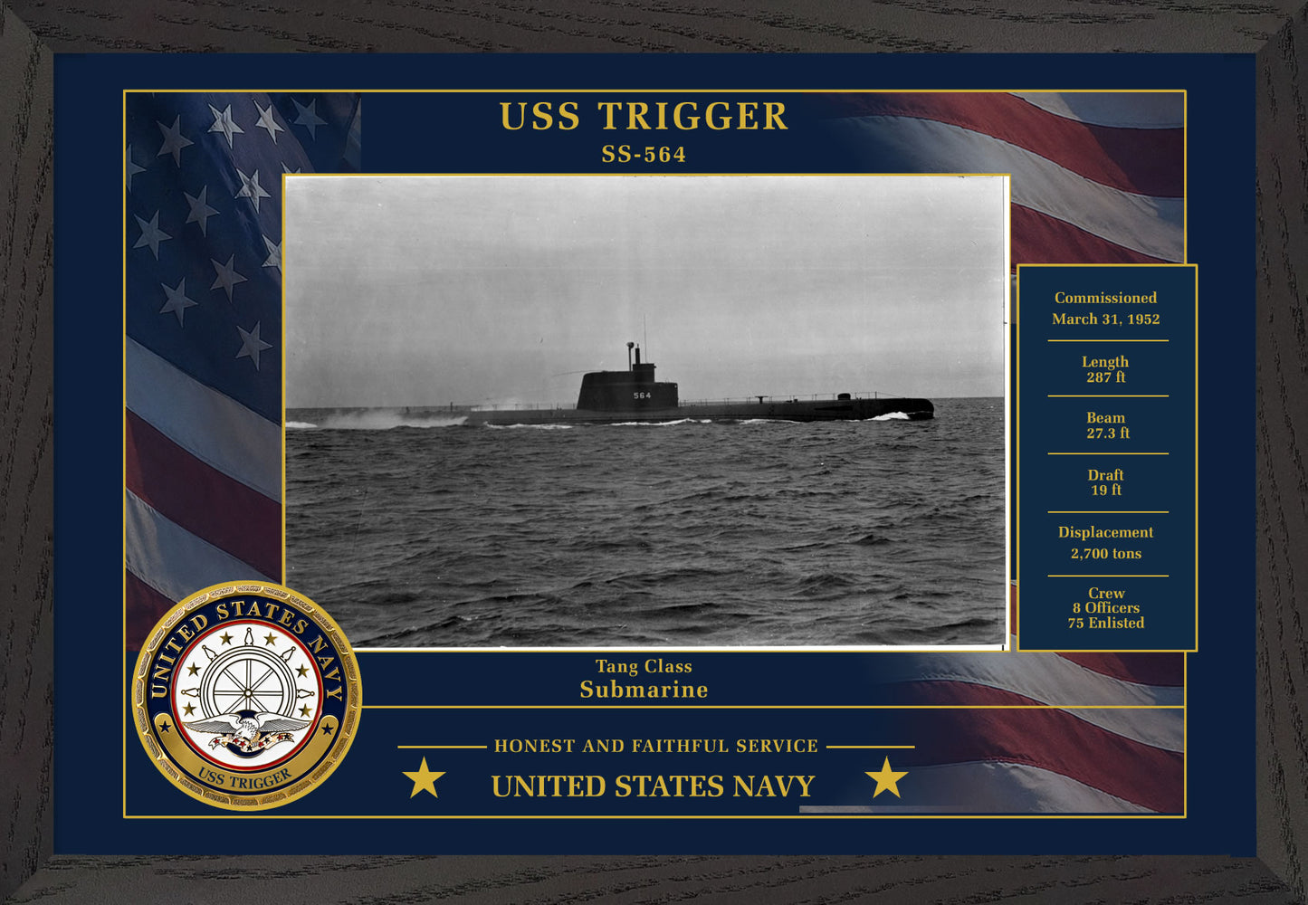 USS Trigger SS-564 Framed Patriotic Photo