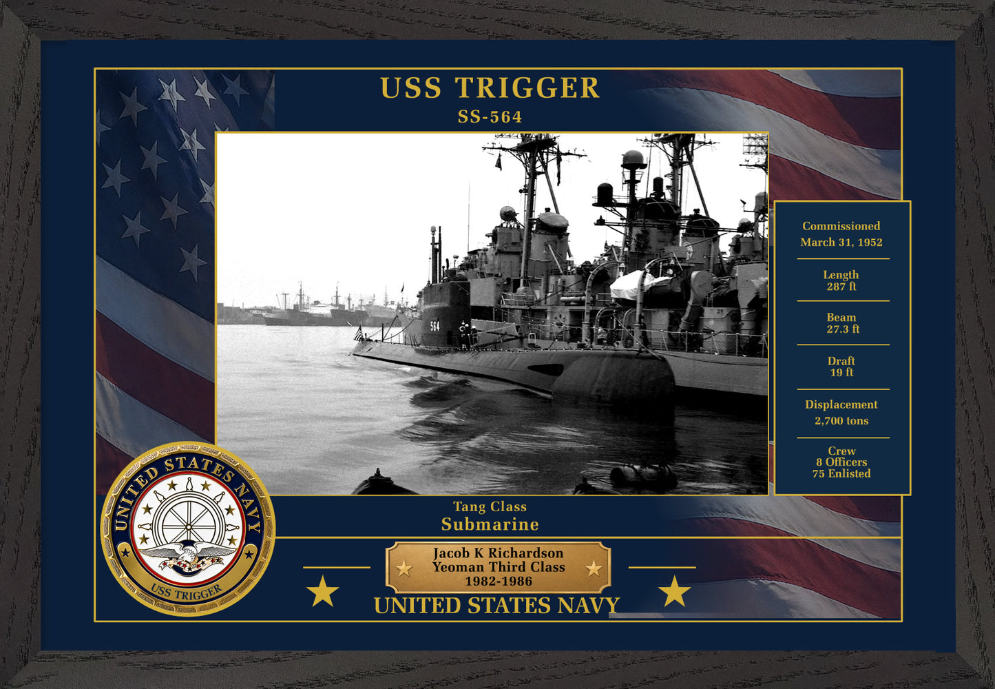 USS Trigger SS-564 Framed Patriotic Photo
