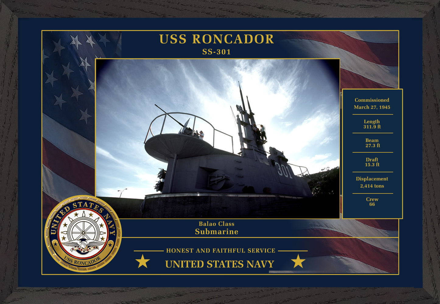 USS Roncador SS-301 Framed Patriotic Photo