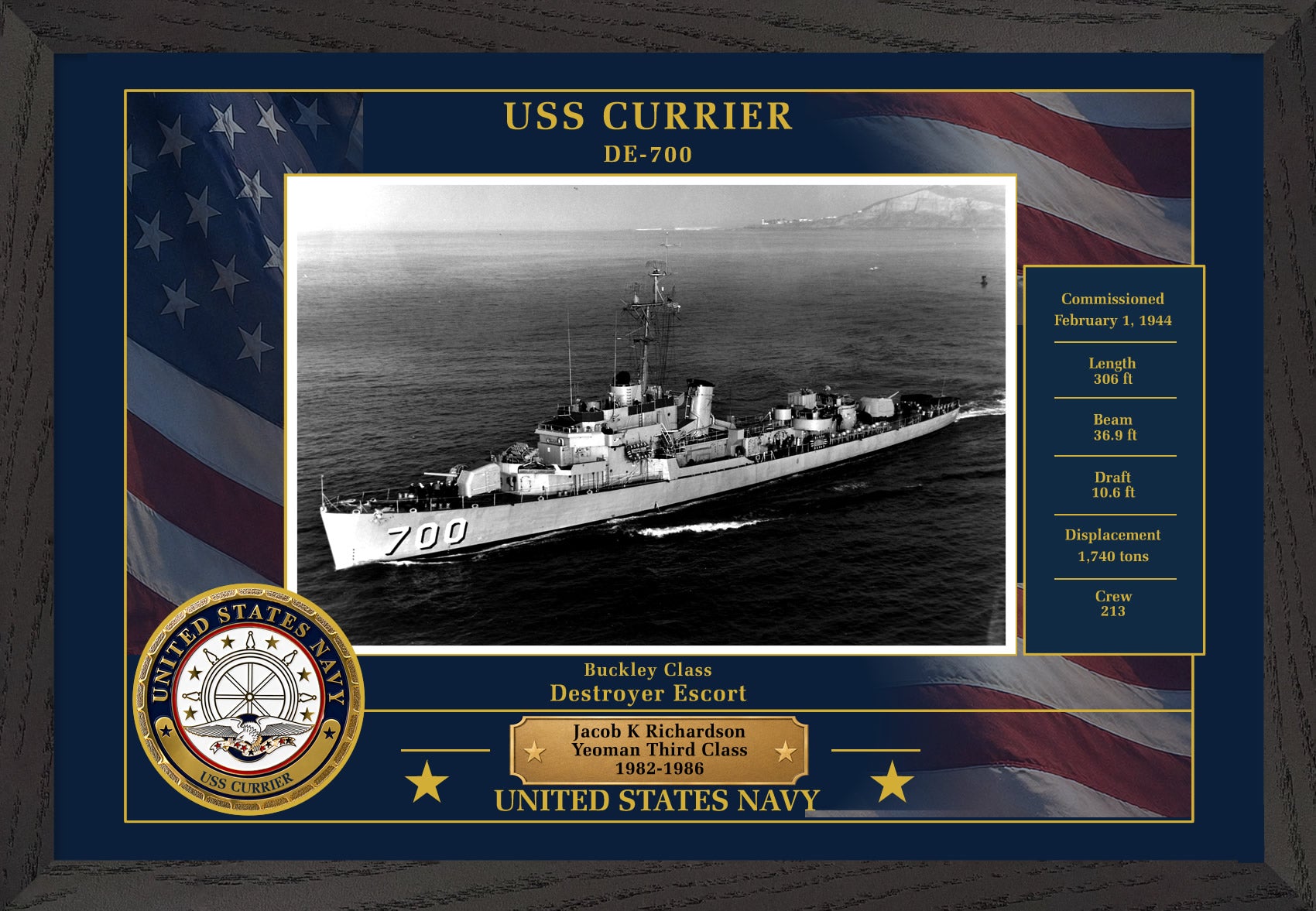 USS Currier DE-700 Framed Patriotic Photo
