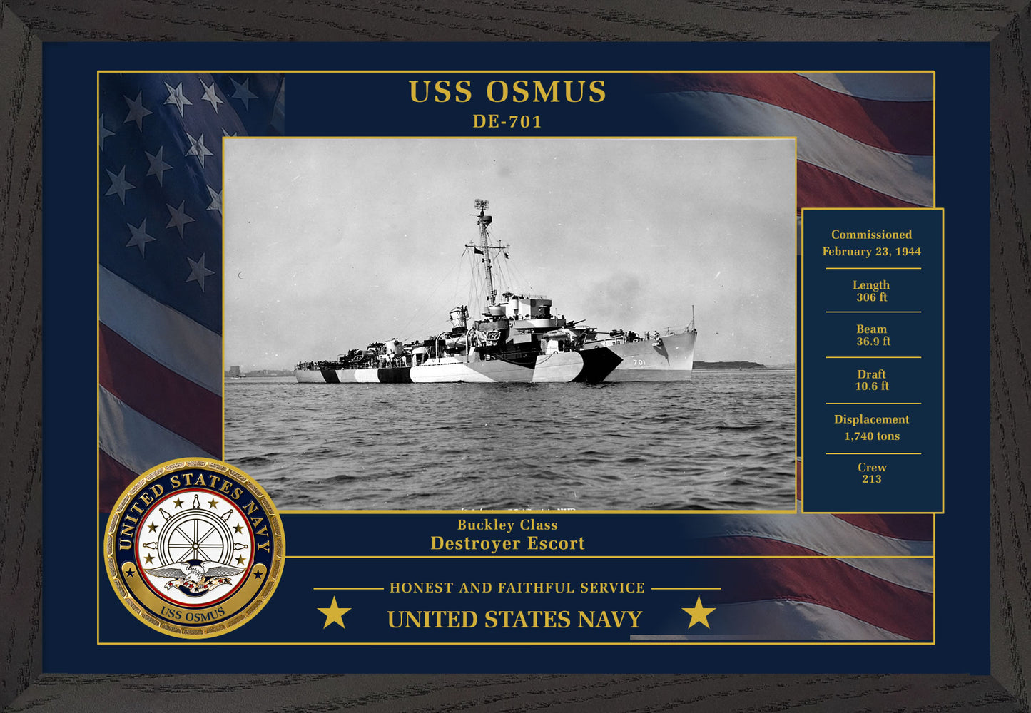 USS Osmus DE-701 Framed Patriotic Photo