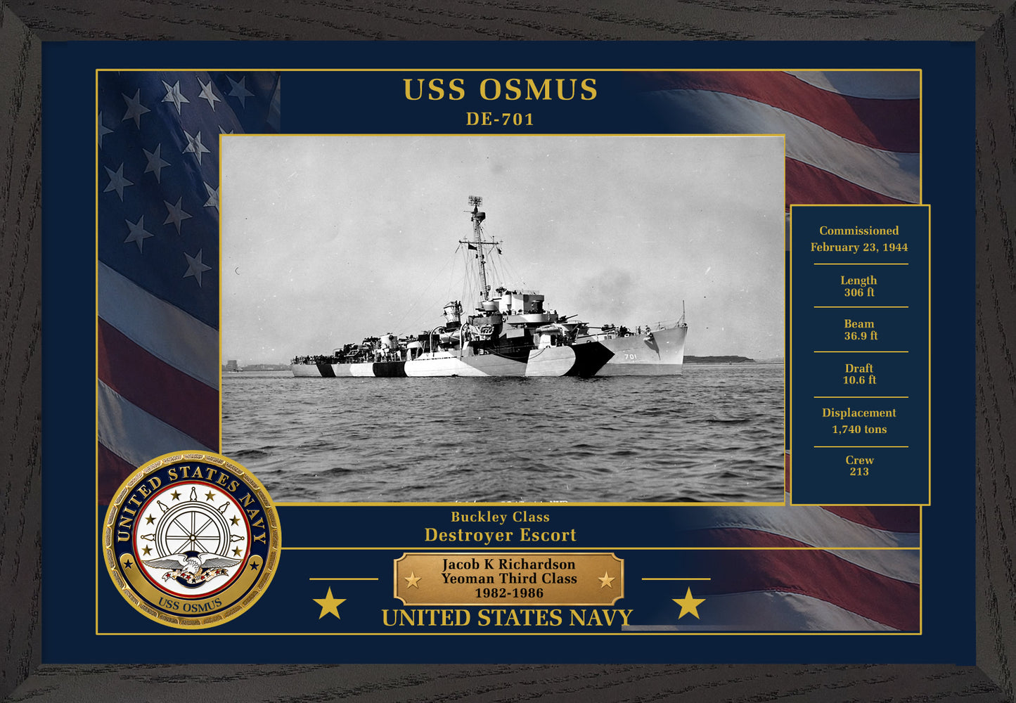 USS Osmus DE-701 Framed Patriotic Photo