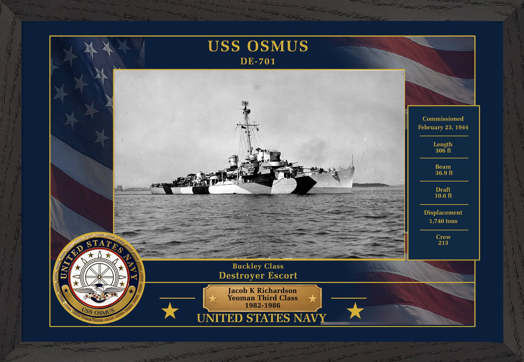 USS Osmus DE-701 Framed Patriotic Photo