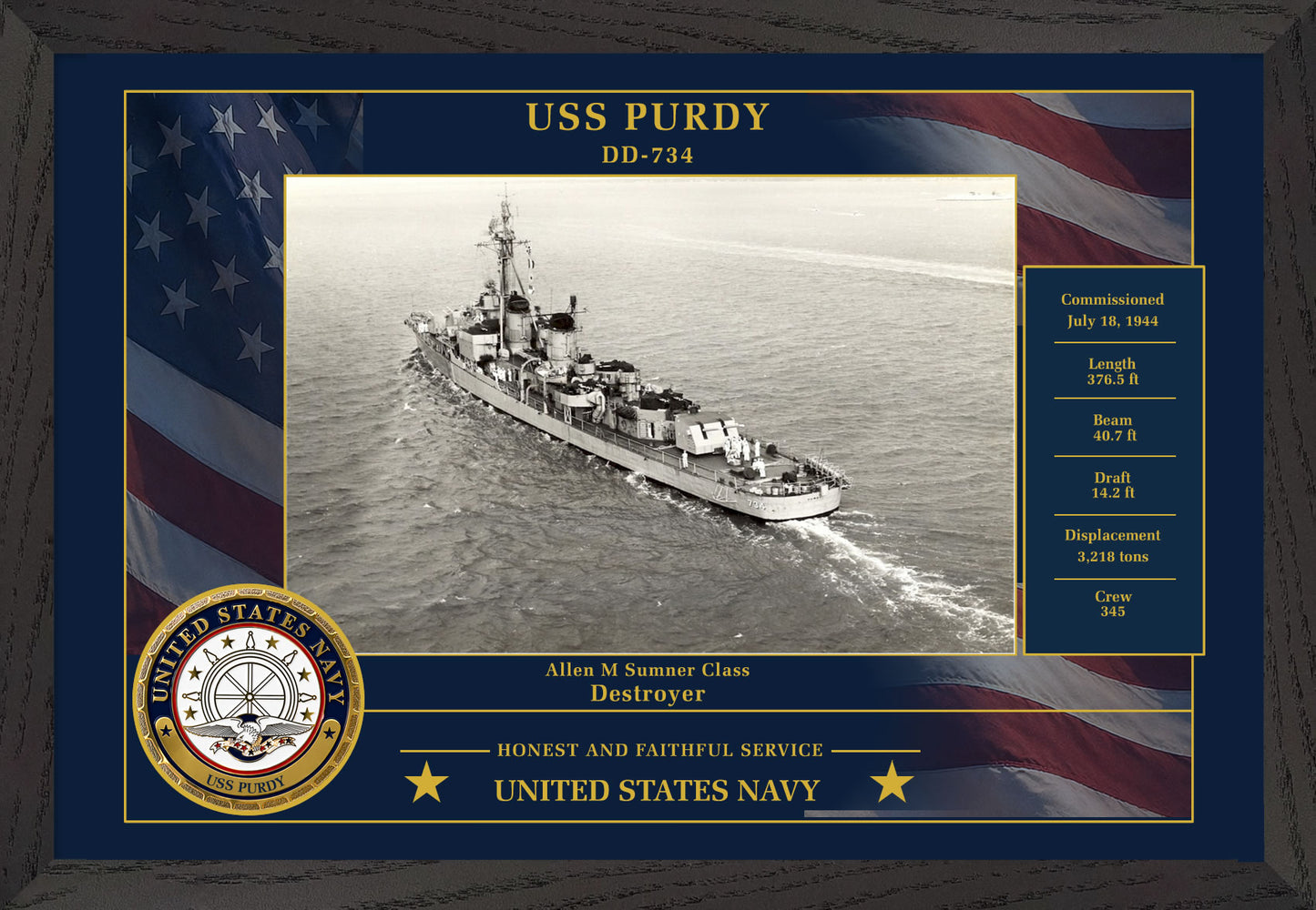 USS Purdy DD-734 Framed Patriotic Photo