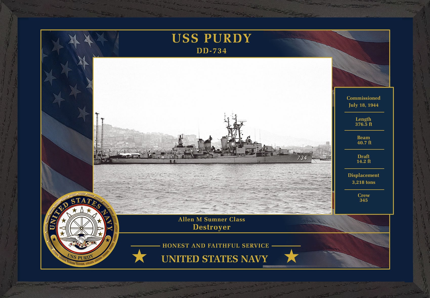 USS Purdy DD-734 Framed Patriotic Photo